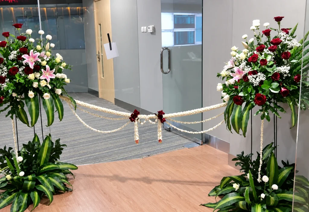 Standing Flower & Pita Peresmian Mawar Merah & Lily Pink — flowershopjakarta.com